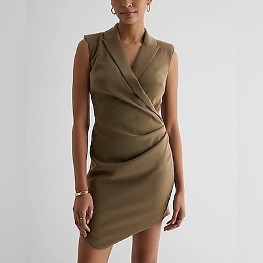 NEW EXPRESS Sleeveless Wrap Asymmetrical Hem Olive Mini Blazer Dress Size 6